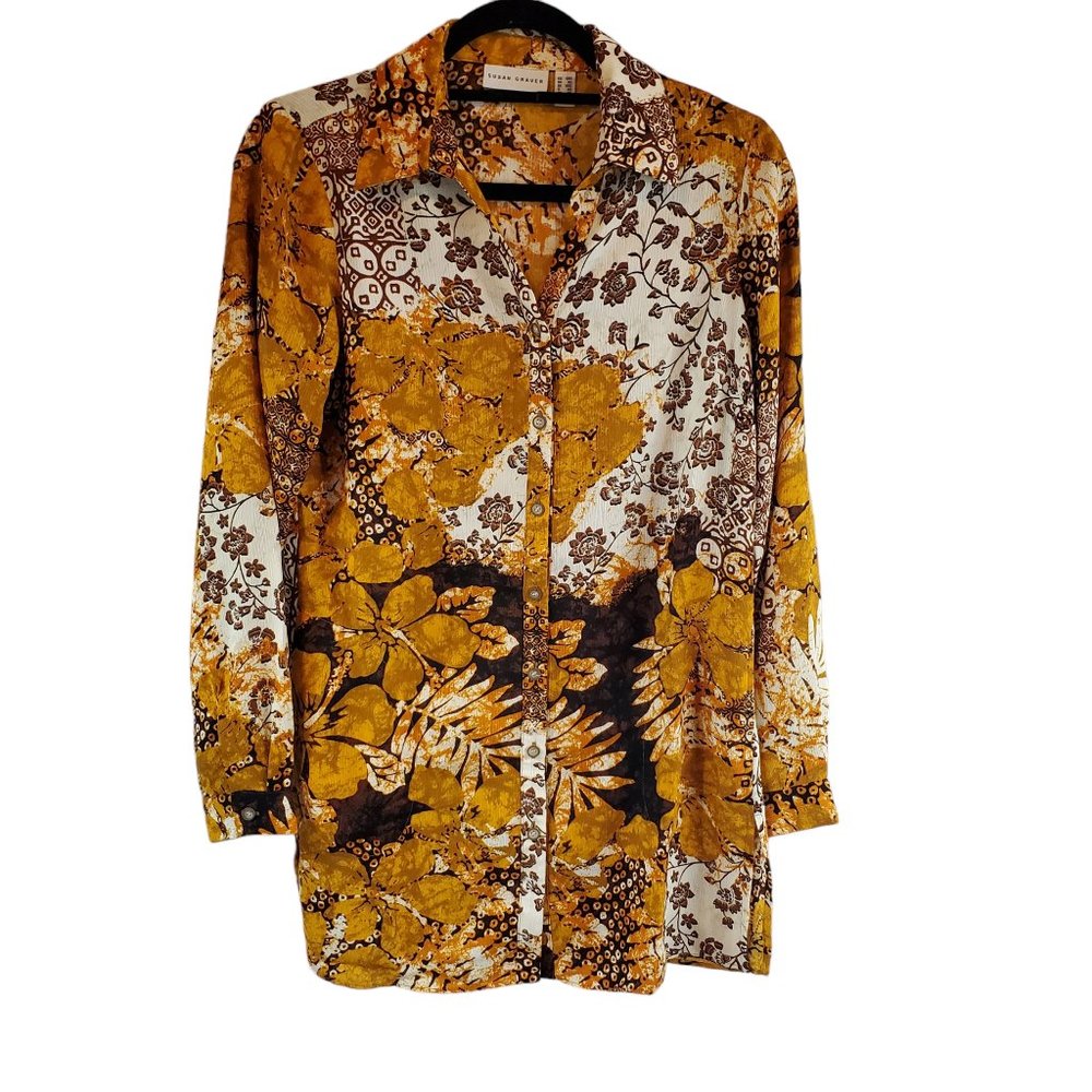 Susan Graver Women's Yellow Printed Woven Button Front Big Shirt Size XXS